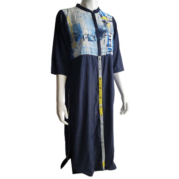 W India Abstract Graphic Maxi Tunic Dress Sz 14 Blue Yellow Inspirational Words - Picture 2 of 10